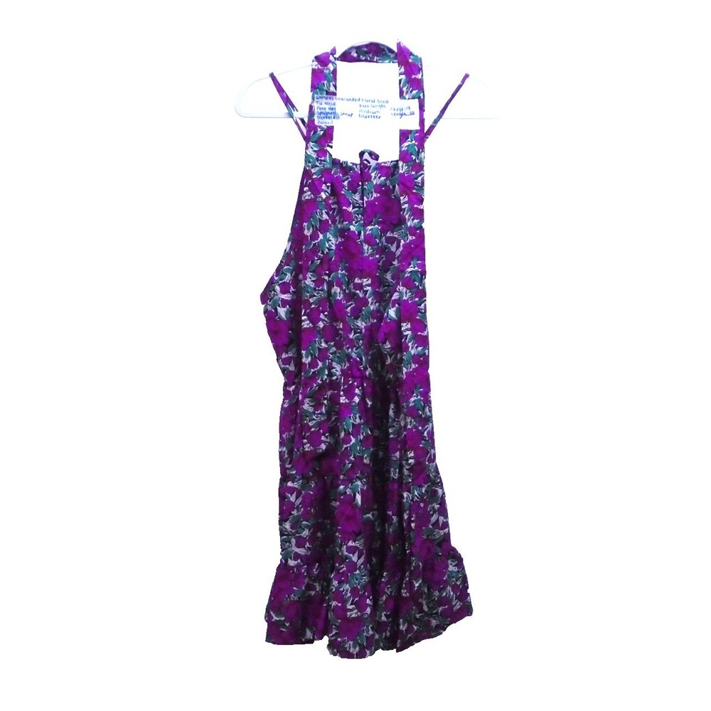 Womens Floral Dress Medium M Purple Knee Length Tie Neck Halter Spaghetti Strap